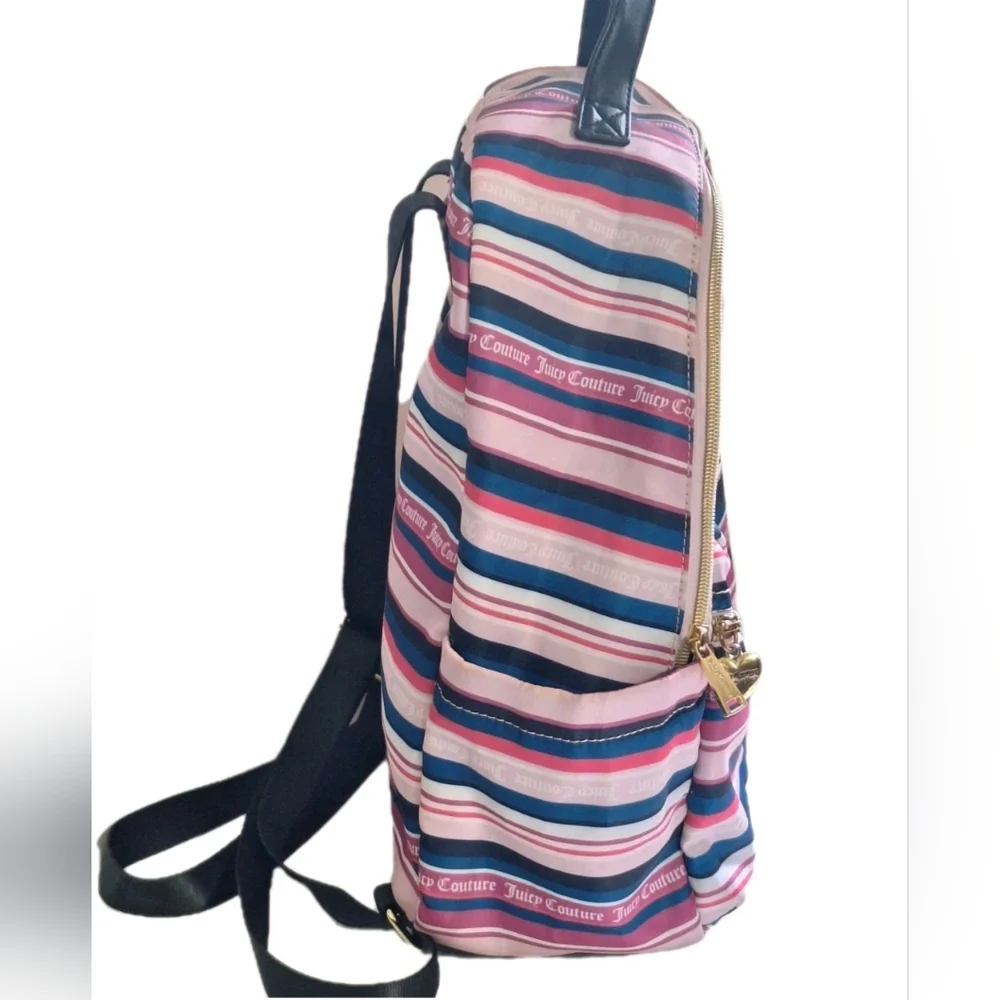 Juicy Couture Wild Heart Striped Full Size Backpack Gold Hardware Goth Text EUC